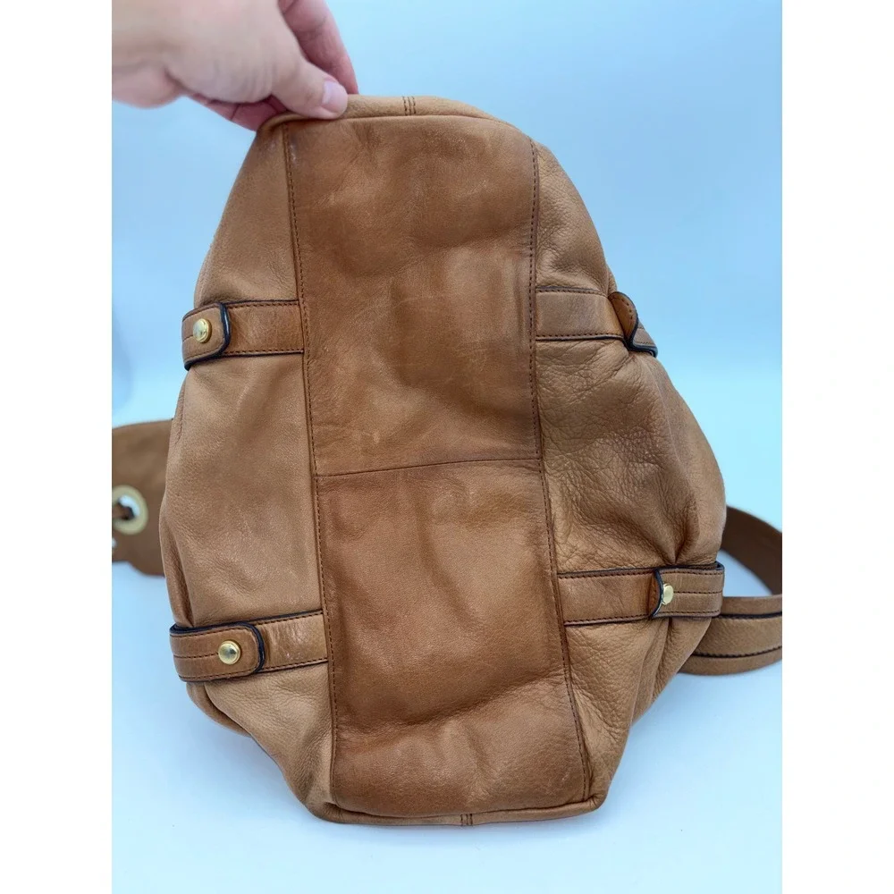 B MAKOWSKY Tan Leather Handbag Satchel Bag Double Handle Boho‎ Slouch Gold Camel